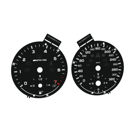 Mercedes SLK 55AMG R 171 - Replacement tacho dials, counter gauges faces - converted from MPH to Km/h