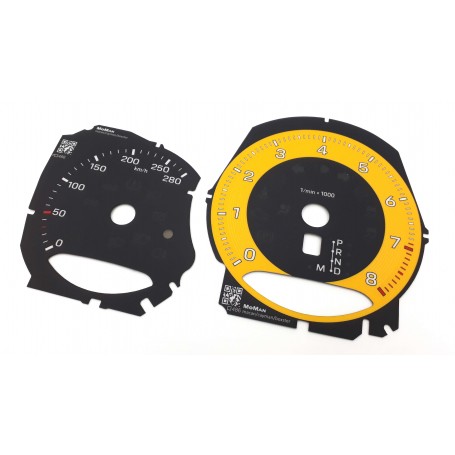 Porsche Macan 2021+ Yellow Custom Replacement tacho dials - converted from MPH to KM/H