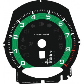 Porsche 911 991- Green Custom Replacement tacho dials - converted from MPH to KM/H