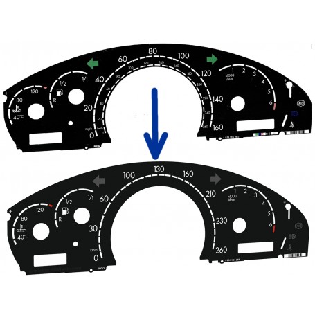Mercedes-Benz W215, C215, W220, CL - Replacement tacho dials, face counter gauges - converted from MPH to Km/h