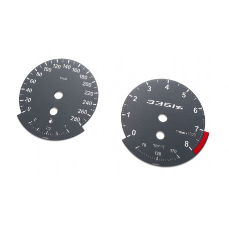 BMW E90 335is - Replacement tacho dials, counter faces gauges - converted from MPH to Km/h