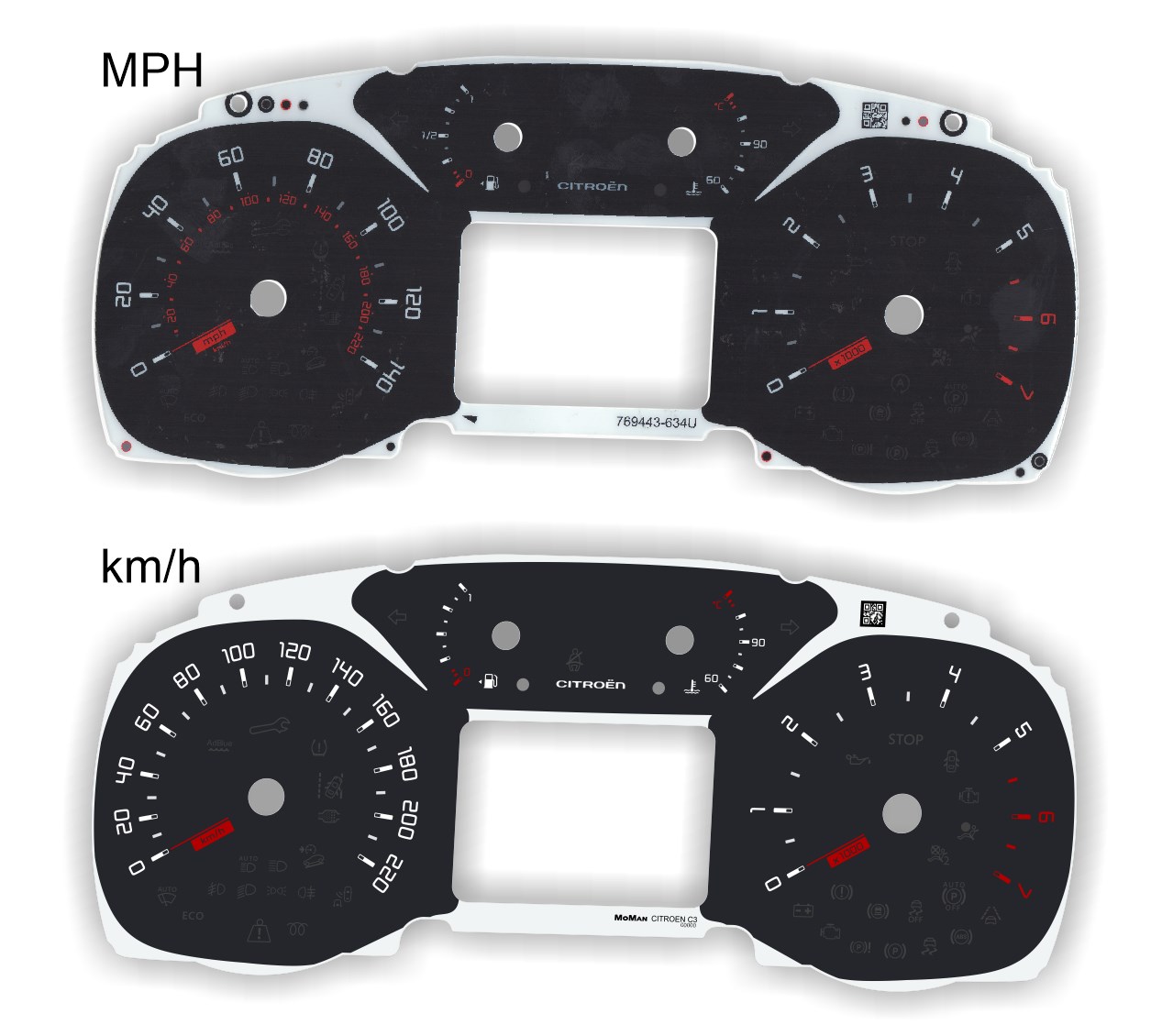 Citroen C3, Aircross - Replacement Tacho Dials Converted From Mph To Km/H